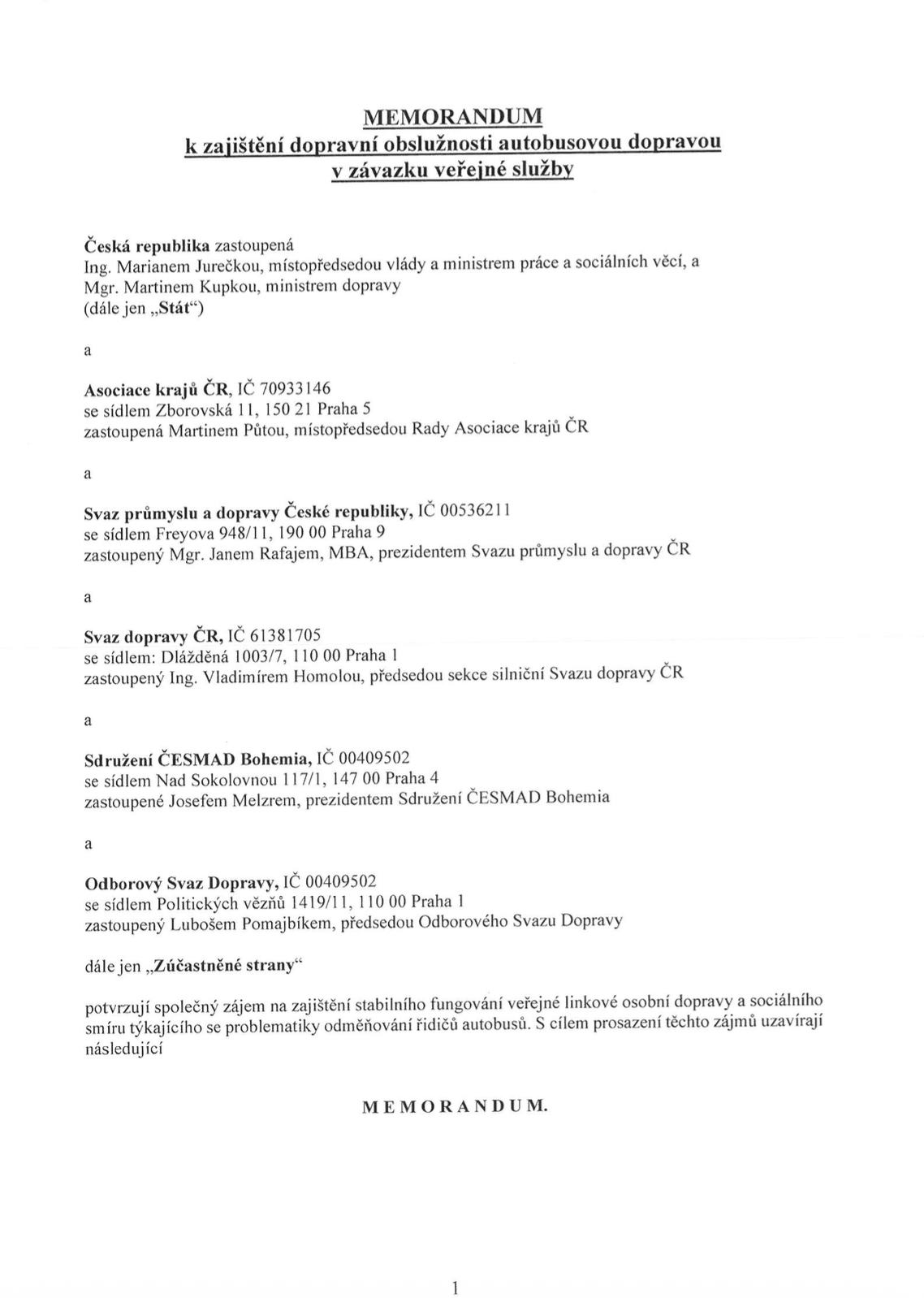 Memorandum: Doprava v ČR