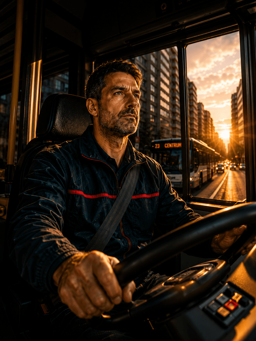 Řidič/ka autobusu za volantem při západu slunce