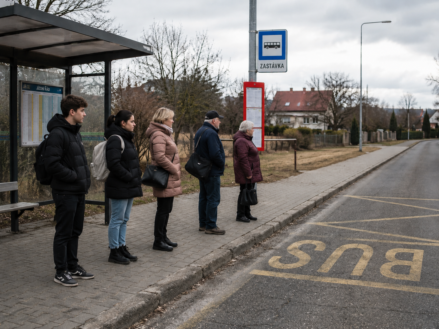 Cestující čekající na svůj příjezd autobusu