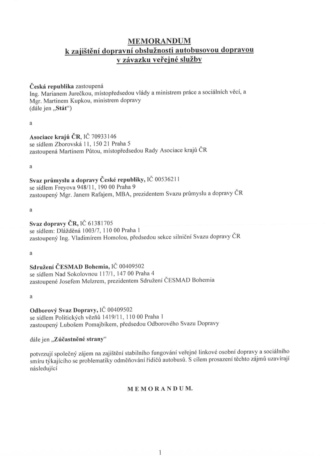 Memorandum: Doprava v ČR